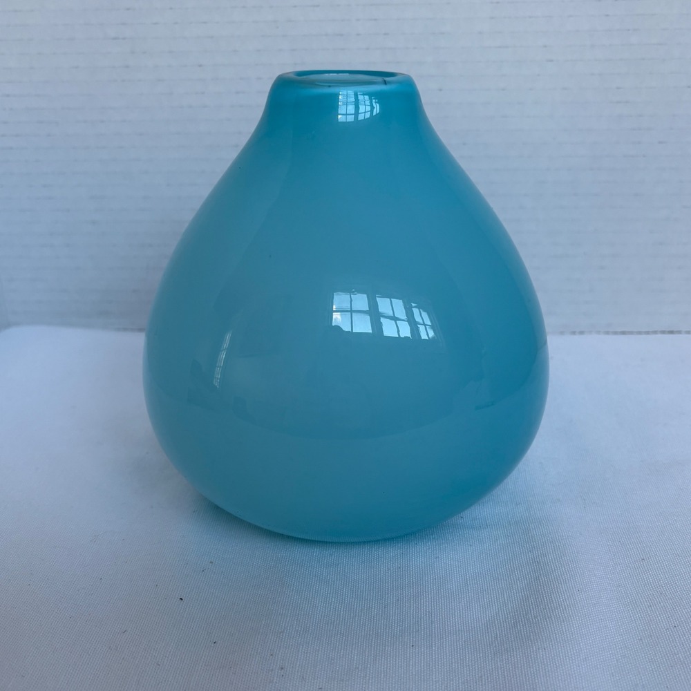 Crate Barrel Aqua Cayman Vase Blown Glass Mid Century Modern 170-224 - Picture 2 of 9